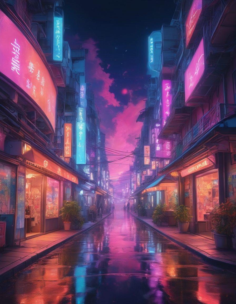 A colorful, otherworldly anime landscape filled with fantastical characters exploring a vibrant cityscape of erotic stories, surrounded by swirling neon lights and ethereal elements. Include a dreamy, mystical atmosphere with a hint of seduction, showcasing various anime personalities engaging in playful adventures. Capture the essence of fantasy and allure, blending art styles to create a vivid, captivating scene. vibrant colors. anime style. ethereal. fantasy.