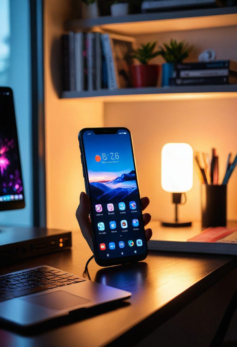 A sleek mobile phone displaying a collection of vibrant hentai thumbnails, set against a blurred background of a cozy room environment. Showcase an inviting atmosphere with soft, warm lighting that highlights the phone's screen, making it the focal point. Include subtle hints of a laptop and headphones nearby, suggesting an immersive viewing experience. Emphasize an engaging, adult-friendly vibe without explicit imagery. vibrant colors. modern digital art.