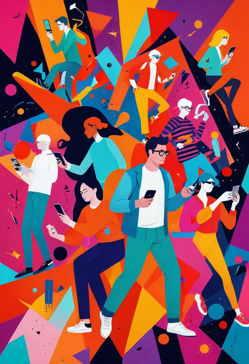 A captivating digital collage showcasing the essence of adult animation, featuring diverse characters in vibrant, playful poses against a backdrop of colorful abstract shapes. Highlight elements of mobile accessibility, such as icons of smartphones and tablets, seamlessly integrated into the scene. Ensure the atmosphere is immersive and playful, appealing to the adult audience. super-realistic. vibrant colors. dynamic composition.